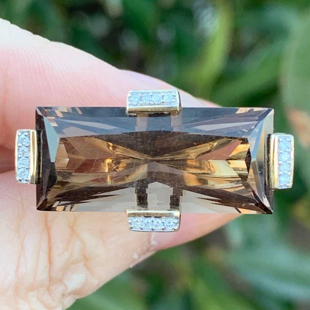 DESIGNER 14K GOLD HUGE EMERALD CUT SMOKY QUARTZ DIAMOND STATEMENT RING CHOCOLATE